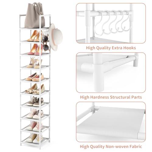 LANTEFUL Tall Narrow Shoe Rack 10-Tier Skinny Shoe Shelf Storage for 10-15 Pairs Shoes and Boots, Space Saving Corner Shoe Rack Organizer for Closet, Entryway, Garage, Living Room,White - color: White, size: 10 tiers