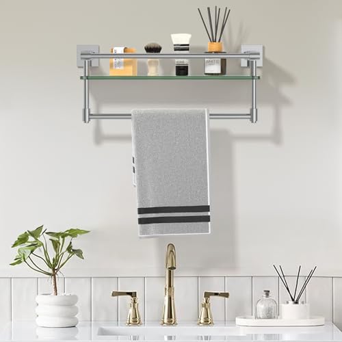Glass Shelf for Bathroom 16 in Bathroom Shelves with Towel Bar Tempered Glass Shelves with Stainless Steel Towel Holder for Wall (Chrome Polished) - color: Chrome Polished, size: 16-inch with Railing