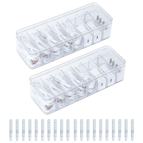 2 Pack Cable Organizer Box with Lid, Plastic Cord Storage Organizer with 8 Adjustable Compartments for Home Office Desk Drawer, Clear Phone Charger Bins - size: 2 Pack