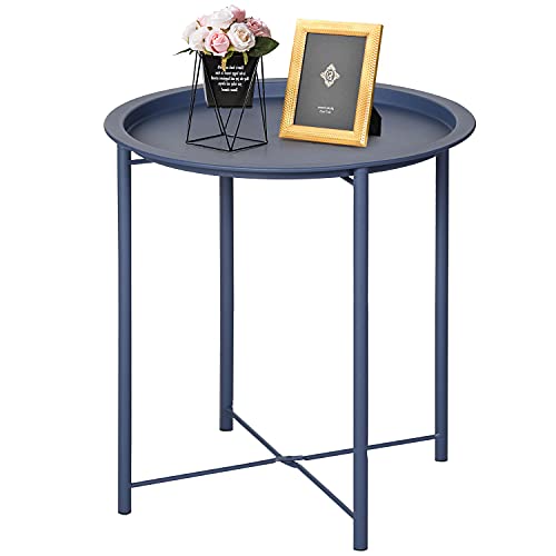 VECELO Side/End Table, Folding Round Metal Anti-Rust and Waterproof Outdoor or Indoor Tray for Living Room Bedroom Balcony and Office, 1 PCS, Blue - color: Blue, size: 1 PCS