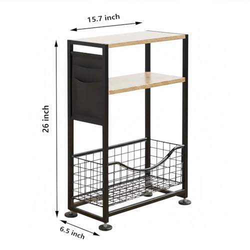 Skinny Side Table with Storage, 3 Tier Slim Side Tables for Small Spaces, Skinny End Table Narrow Bedside Table Narrow Side Table for Living Room, Bedroom - color: Oak