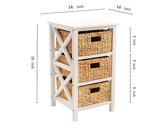 eHemco 3 Tier X-Side End Table with 3 Wicker Baskets for Bedside, Living Room, White - color: White, size: 14"D x 14"W x 25"H (3 Drawers)