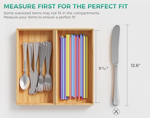 Bamboo Kitchen Drawer Organizer Boxes – 12" x 6" Stackable Wood Silverware Utensil Tray for Drawers Bins, Cutlery & Flatware Storage – Wooden Organizers Set of 2 for Junk Drawer, Bathroom, RV - size: 12" x 6" x 2"