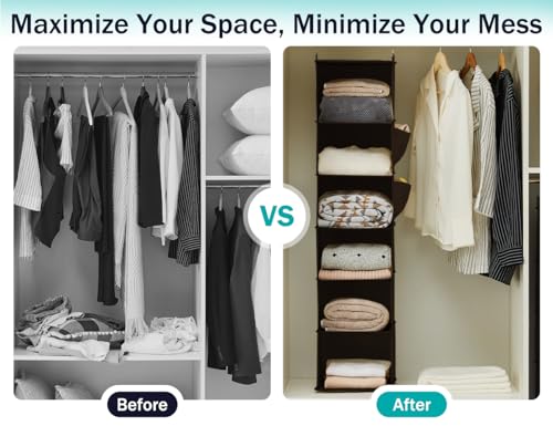 YOUDENOVA Hanging Closet Organizer, 6-Shelf Closet Hanging Storage Shelves, Brown - color: Brown