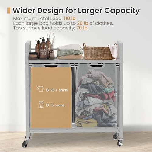 SwaaVee Laundry Hamper, Laundry Basket, Laundry Sorter with 3 Removable Bags, Clothes Basket with 3 Compartments, Wheels, Shelf for Laundry Room Bathroom Bedroom (2 Bags-Gray) - color: 2 Bags-Gray
