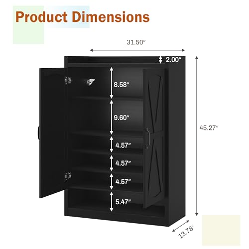 BINGTOO 45" Tall Farmhouse Shoe Storage Cabinet with Doors, Large Shoe Organizer with 4 Adjustable Shelves, Extra Deep Wooden Shoe Rack for Entryway, Foyer, Hallway (Black, 1 Cabinet) - color: Black, size: 1 Cabinet