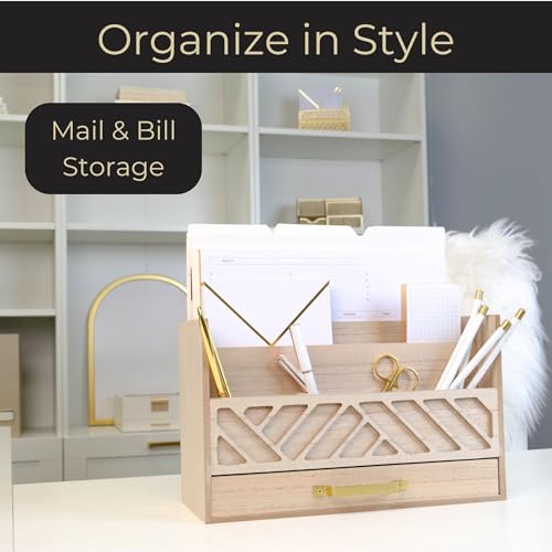 BLU MONACO | Wooden Mail Organizer with Drawer and Gold Handle | Outgoing Mail Holder and Letter Sorter for Desk | Natural Wood Desktop Paper Organizer - color: Natural Wood