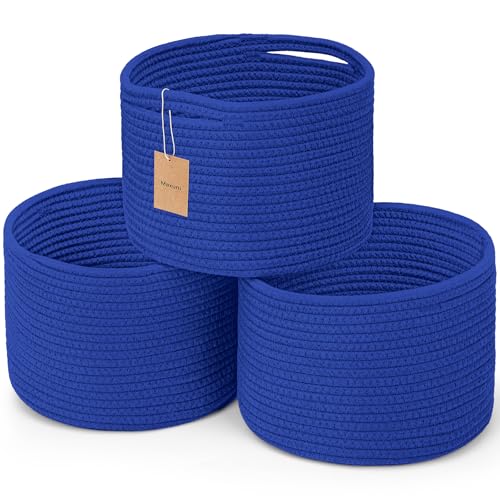 Small Rope Baskets for Storage, Baskets for Gifts Empty, Cute Round Woven Basket, Decorative Shelf Baskets 9.82×9.82×7.1", Cotton Toy Basket Storage Bins for Organizer 3 Packs - color: Deep Blue-3PCS
