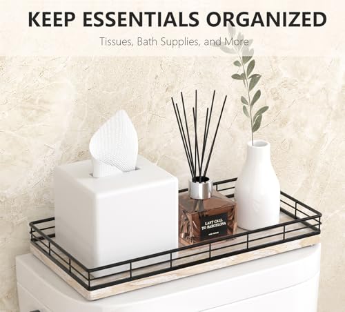 Toilet Paper Basket Organizer – Ash Wood Toilet Tank Tray with Metal Frame, Bathroom Counter Top Storage for Toilet Paper Wipes & Decor, Modern Narrow Back of Tank Shelf Organizer, Black & Whitewashed - color: Black & Whitewashed, size: 13" x 6.5" x 2"