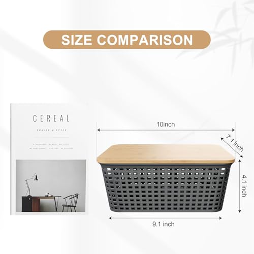 6Pcs Storage Bins with Lids, Stackable Plastic Storage Basket with Bamboo Lid, Pantry Organizer Box Small Containers for Organizing Shelves Drawer Desktop Closet Cabinet Office Classroom 10x7.1x4.1in - color: Gray