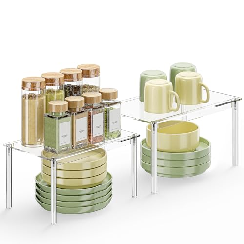 Delamu Clear Kitchen Cabinet Organizer, Set of 2 Acrylic Shelf Organizer for Cupboard Organizers and Storage, Stackable Cabinet Shelf for Plate, Dish, Bowl, Cup & Mug, 11.7" W x 7.7" D x 6.3" H - size: Set of 2