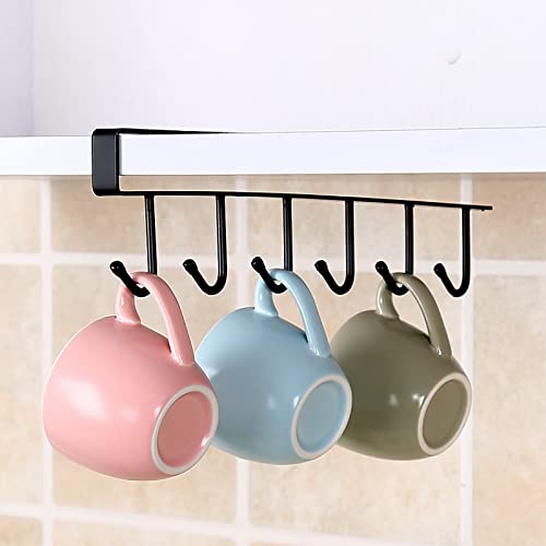Cup Holder Under Cupboard,Kitchen Under Cabinet Utensils Hanging Hooks Rack, Drilling Free Cabinet Door Hanging Hook Rack,6 Hooks Kitchen Storage Utensil Organizer Hook Rack,2 Pack (Black) - color: Black 2pcs