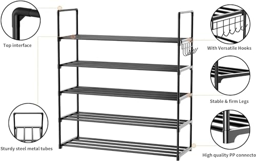 Metal Shoe Organizer,5 Tiers Shoe Storage Shoe Rack with Hooks,Fit 20-25 Pairs,Adjustable Shoe Shelf for Entryway,Hallway,Bedroom,Metal Bottom Support - size: 5 Tier