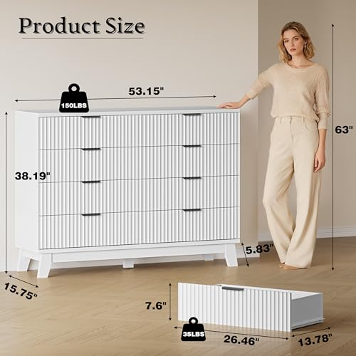BORNOON 53" Tall Dresser for Bedroom, 8-Drawer Fluted Chest of Drawers, Modern Wood Highboy with Metal Slides and Handles, Anti-Tip Kit, Vertical Clothes Storage Organizer for Apartment, Closet - color: Pure White, size: XL 8-Drawer
