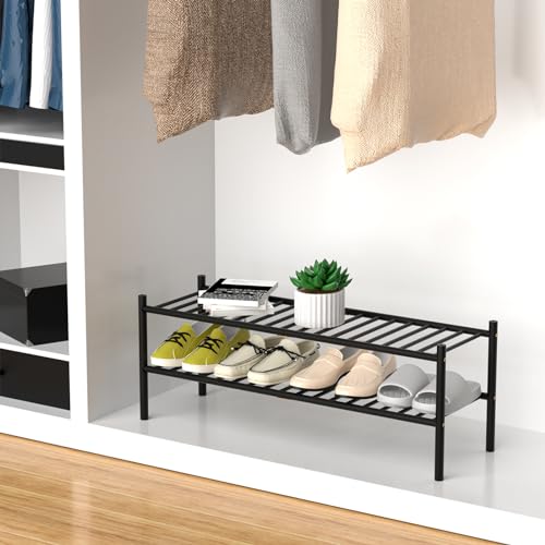 ROMGUAR CRAFT 2-Tier Bamboo Long Shoe Rack, Free Standing Wood Shoe Shelf Storage Organizer for Closet Entryway Stackable 35"x11"x13" (Black) - color: Black, size: 2-Tier(Long)