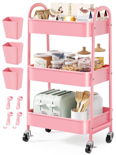 3 Tier Rolling Storage Cart Metal with Wheels, Pink Three Tiered Craft Cart Organizer on Wheels, Utility Carts for Baby Nursery, Diaper Caddy, Art, Book, Snack, Nail, Makeup, Bathroom Supplies, Mesh - color: Soft Pink, size: 3 Tier+Cups+Hooks