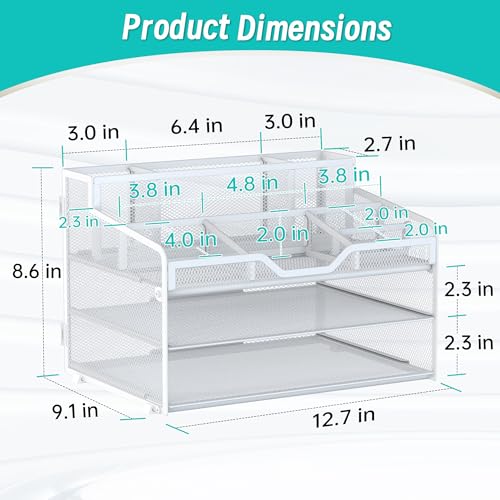 3 Tier Mesh Desk Organizer,Multi Functional Letter Paper Tray with 3 Pen Holders and 5 Adjustable Storage Compartments for Office Supplies Files and Mail Space Saving Desktop Organizer-White - color: 3 Tier-white