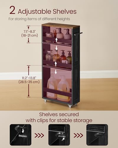 VASAGLE 4-Tier Slide-Out Storage Cart, Slim Kitchen Cart for Small Spaces, with Wheels, Handle, Bathroom, Laundry Room, 5.9 x 17 x 34.1 Inches, Ebony Black and Rustic Brown ULRC050K02 - color: Ebony Black + Rustic Brown, size: 5.9"D