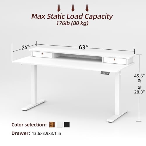TIQLAB Standing Desk with Two Drawers, Stand Up Standing Desk Adjustable Height, Electric Sit Stand Table with Storage Shelf and Splice Board, 63 * 24 inch, White - color: White, size: 63*24 inch without keyboard tray