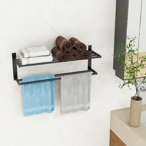 Bathroom Towel Rack 24", 2 Tier Towel Racks for Bathroom Wall Mounted, Bathroom Shelf with Double Towel Bar, Stainless Steel Towel Storage for Bathroom Lavatory Towel Holder Hanger, Black - color: Black, size: 2-Tier