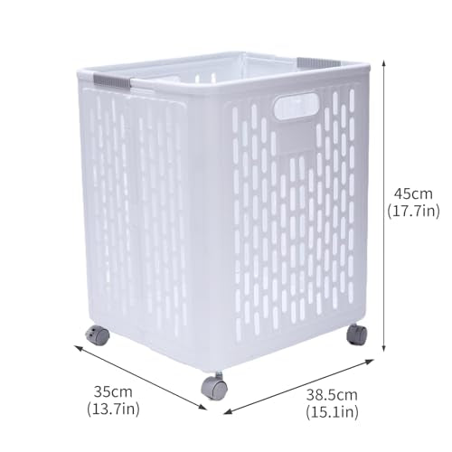60L Collapsible Laundry Baskets, Plastic Laundry Hamper with Handles, Foldable Laundry Bin, Laundry Basket with Wheels for Laundry Room Organization, Ideal for Clothes, Towels, Blanket, White