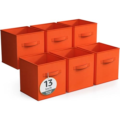 Sorbus Fabric Storage Cubes - 6 Foldable Storage Bins for Organizing Pantry, Cubbies, Toy Box - Clothes Storage & Closet Organizer - 13 Inch Collapsible Cube Baskets for Shelves with Handle - color: Orange, size: 13 Inch