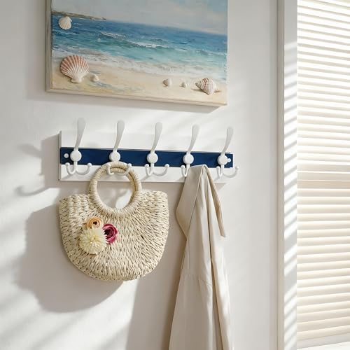 SKOLOO Coastal Wall Mounted Coat Rack - 16-7/8" Beach House Entryway Wooden Coat Hook with 5 Hooks for Hanging Coats, Hats or Towels, Oceanfront Cottage Core Collection, White & Blue - color: Blue & White Plates & White Hook, size: 1 Item-5 Hooks