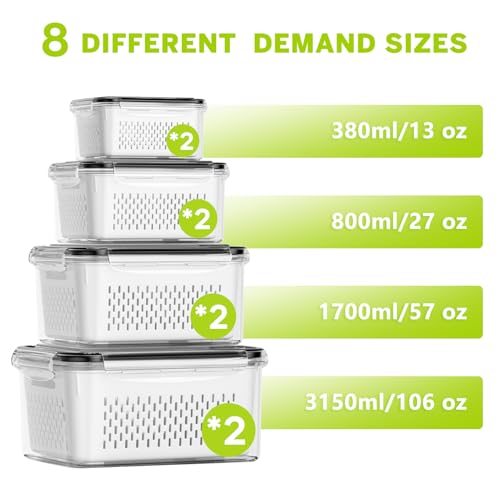 HOMETALL 8 Pack Fruit Storage Containers for Fridge, Fridge Organizers and Storage with Colander, Dishwasher & Microwave Safe Produce Containers Keep Fruits, Vegetables, Berry, Meat Fresh Longer - color: White