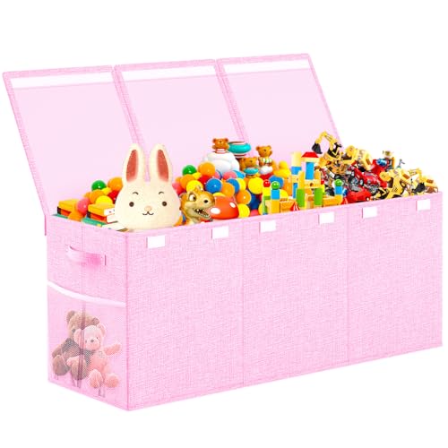 Beadsky Extra Large Toy Box Toddlers Chest with Lids, Collapsible Sturdy Toy Storage Organizer, Kids Bin Boxes Storage Basket for Boys, Girls, Nursery, Living Room, Playroom, 40"x14"x16" (Pink) - color: Pink
