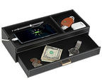 HofferRuffer Valet Jewelry Tray Organizer with Drawer, Faux Leather Storage Catchall Box Phone Charging Station Tray with Dresser Nightstand Desktop Drawer Organizer (Black) - color: Black