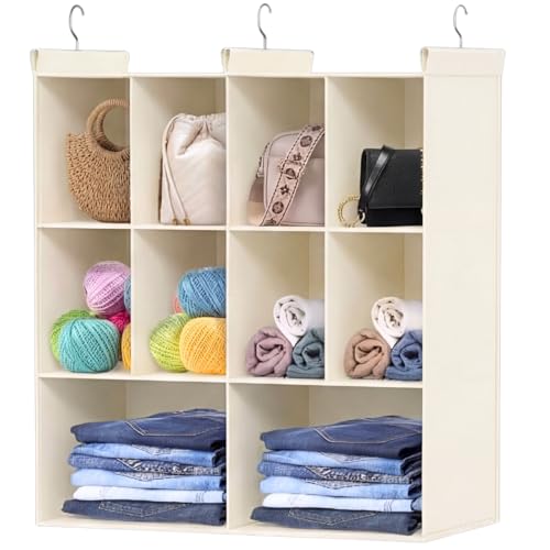 Ofiray-home 3 Tier Hanging Closet Organizer, 10 Compartments Sweater Organizer for Closet with 3 Sturdy Hooks, Closet Organizers and Storage, Wardrobe, Rv, Garment Rack, Beige - color: Beige, size: 3-Tier
