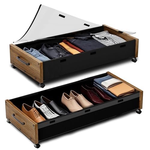 Under Bed Storage Containers with Wheels, Extra Large Wooden Underbed Shoes Organizer 2 Packs, Rolling Under the Bed Storage Drawers with Clear Lid, Heavy Duty Metal Frame for Clothes 36"L (Walnut) - color: Walnut Brown 90cm-2pack-New