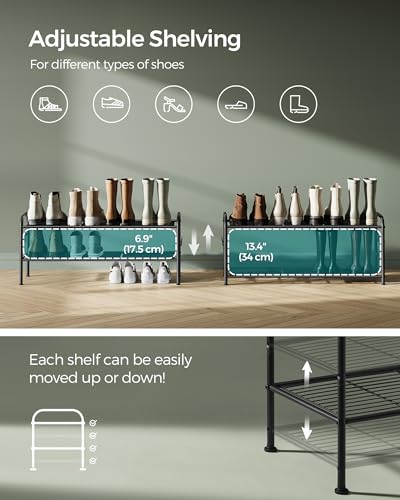 SONGMICS Shoe Rack, 2-Tier Shoe Organizer, Metal Shoe Shelf Storage with 4 Side Hooks, Holds 12 Pairs of Shoes, Height-Adjustable Shoe Rack for Entryway, Hallway, Closet, Ink Black ULMR128B01 - color: Ink Black, size: 2 Tiers (33.5"W)