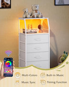 WLIVE LED Nightstand with Charging Station, White Dresser with 5 Fabric Drawers for Bedroom, Tall Night Stand with Open Shelves, Bed Side Tables Living Room - color: White, size: 5 Drawers