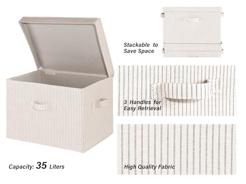 StorageWorks Fabric Storage Bins with Lid, Decorative Storage Boxes for Shelves, Stackable Closet Organizer Basket with Handles, Jumbo, Khaki and Beige Stripes, 2-Pack - color: Khaki and Beige Stripes, size: Jumbo