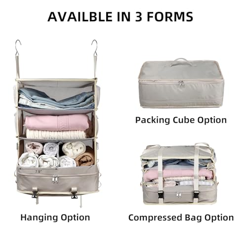 Bukere Hanging Packing Cube for Travel, Portable Shelves Organizer Bag for Luggage Suitcase, Travel Essentials, Compression Carry-On Closet Storage, X-Large Capacity - color: BEIGE