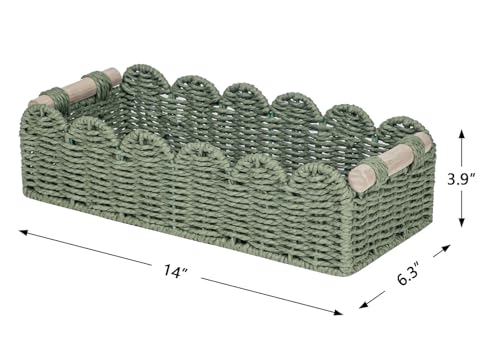 CubesLand Toilet Paper Storage Basket Scalloped Edge Home Decor Green Basket, Living Room Cozy Decor, Paper Rope Small Baskets for Over Toilet Storage Shelf, End Table, Shelves, with 2 Wooden Handles - color: Green, size: M - 14"L x 6.3"W x 3.9"H