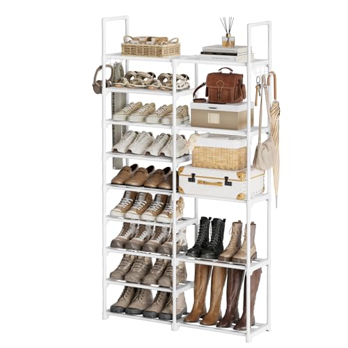 WOWLIVE 9 Tiers White Shoe Rack for Closet Shoe Rack Storage Organizer for Entryway 30-35 Pairs Stackable Shoe Shelf for Front Entrance Metal Pipes with Plastic Connectors - color: White, size: 2 Row 9 Tier