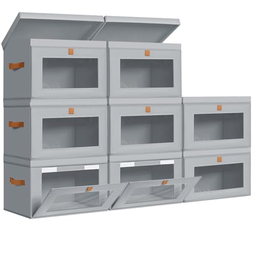 DIMJ Storage Bins with Lids - 8 Pack Large Fabric Closet Organizer with Window & Handles, Collapsible Decorative Storage Boxes for Shelves Under Bed, Books Clothes Blankets Sweaters Organization - color: Gray, size: Large-8 Pack