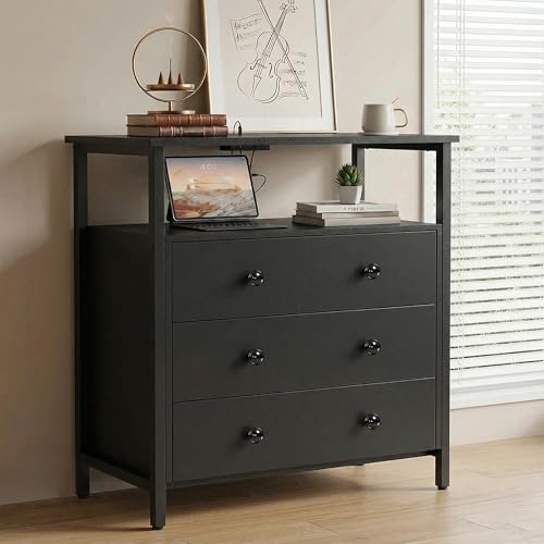 Edbuosy 3 Wooden Drawers Night Stand, 27 Inch Wide Nightstand with Charging Station and Adjustable Drawers, Small Dresser for Closet, Bedside Table for Living Room/Bedroom/Office - color: Black, size: 3 Drawers