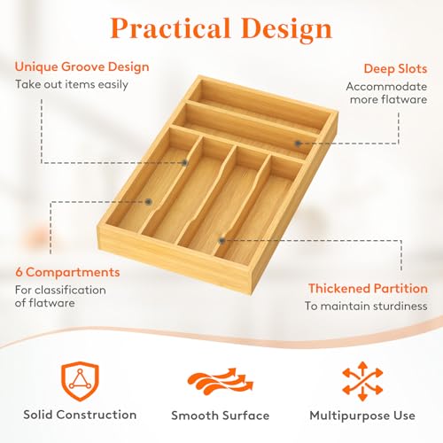 Lifewit Silverware Drawer Organizer, Utensil Tray for Kitchen, Flatware and Cutlery Holder, Storage for Spoons Forks Knives, 25 x 39cm, Natural - size: 9.9''W x 15.5''D