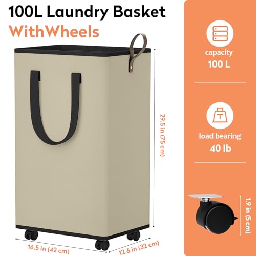 SpaceTrove Laundry Basket with Wheels, Collapsible Laundry Baskets, Laundry Hamper with Handles Detachable Wheels, Rolling Laundry Basket, Dirty Clothes Hamper for Bathroom, Dorm, Bedroom, Beige, 100L - color: Beige, size: 100L