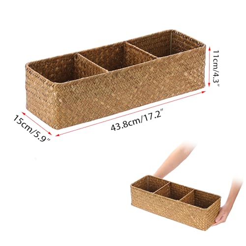 Seagrass Shelf Basket with Dividers, Rectangular Woven Storage Baskets for Organizing, Decorative Wicker Narrow Basket Tray with 3 Sections for Shelves, Toilet Tank, Bathroom Counter - color: Caramel