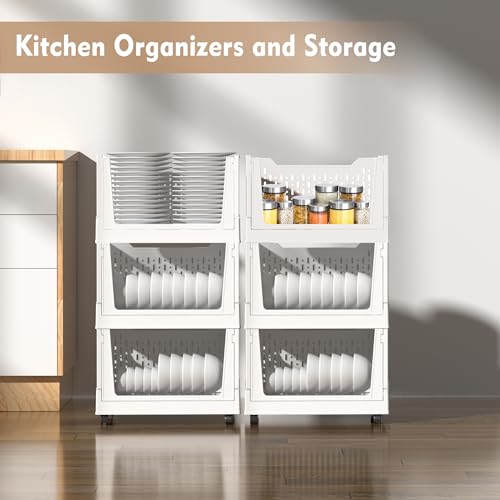 Stackable Plastic Storage Basket, 3 Pack Foldable Closet Organizers and Storage Bins with Wheels, Collapsible Drawer Shelf Storage Box Container for Office Bedroom Closet Wardrobe Kitchen Bathroom - color: White