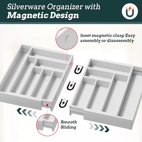 Silverware Organizer Large, Magnetic Connected Expandable 13 Slots Silverware Drawer Organizer from 21 to 37.4 Inches, Adjustable Flatware and Cutlery Holder, Bamboo Utensil Tray for Kitchen White - color: White, size: 13 Slots