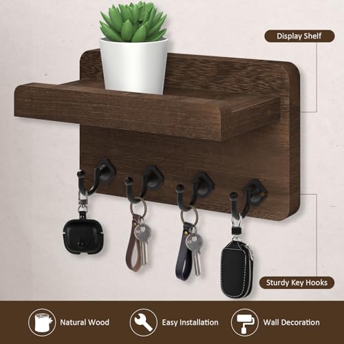 Nekon Key Holder Wall Mount, 8.5 Inch Small Home Decor Wooden Wall Organizer with 4 Hooks and Shelf, Key and Mail Holder for Living Room Entryway Kitchen (Brown) - color: Brown