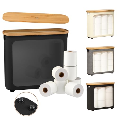 Toilet Paper Storage with Bamboo Lid,Foldable Basket Organizer for Bathroom, Holds 9 Mega/12 Regular Rolls, Waterproof Toilet Paper Holder Storage with Non-Slip Base,Black - color: Black