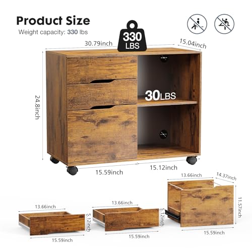 DUMOS Lateral File Cabinet with 3 Drawers Rolling Filing Cabinets Under Desk Storage Printer Stand Wood Organizer with Wheels Adjustable Shelf for Office Home Small Space, Brown - color: Vintage Brown