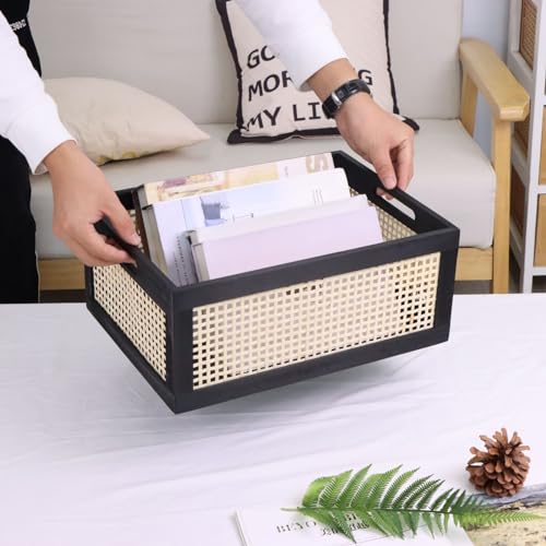 SHCMSADO Wooden Frame Storage Basket, Decorative Organizer Crates Box with Built-in Handle,Natural Wire Wood Nesting Drawer Storage for Kitchen, Bathroom and Office Desktop-(15" Lx11 Wx6.3 H-Black)