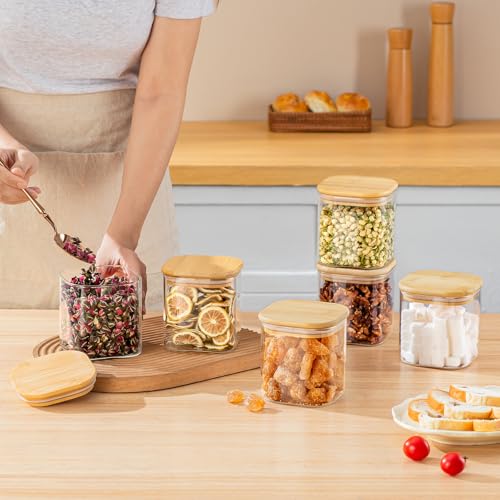 SENTVEND 24 Oz Glass Storage Jars with Bamboo Lids - 6 Pack Clear Glass Canisters Square Airtight Stackable Ideal for Pantry Storage Containers Organizers Great for Storing Oats Coffee Beans Nuts etc - color: 24 OZ-Clear